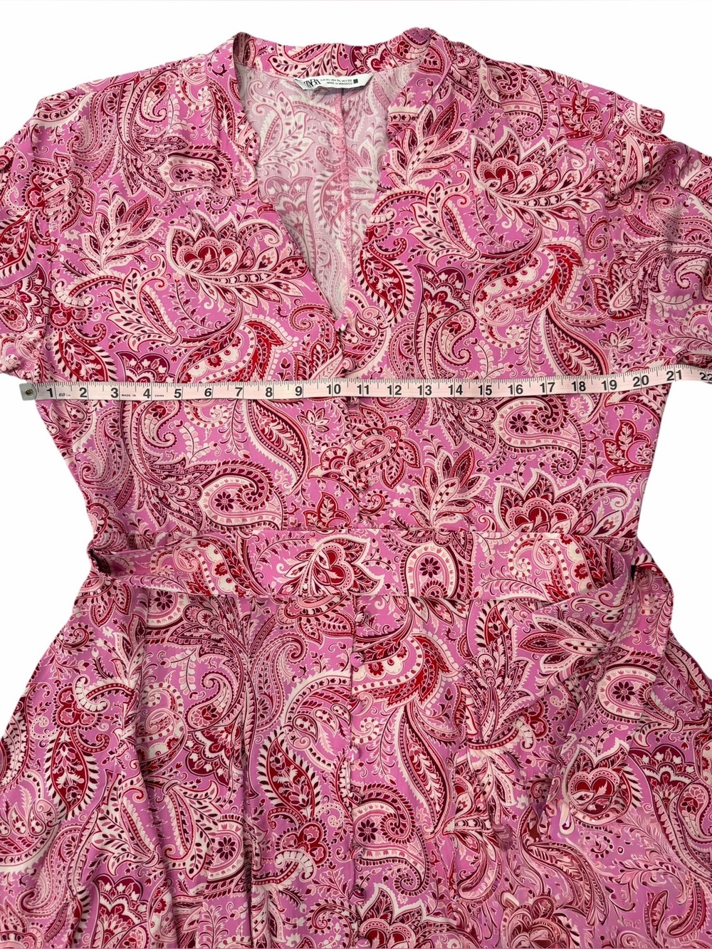 Zara Paisley Shirt Dress Tie Waist Button Front Ruffle Boho Pink XL RUNS SMALL - Picture 9 of 16